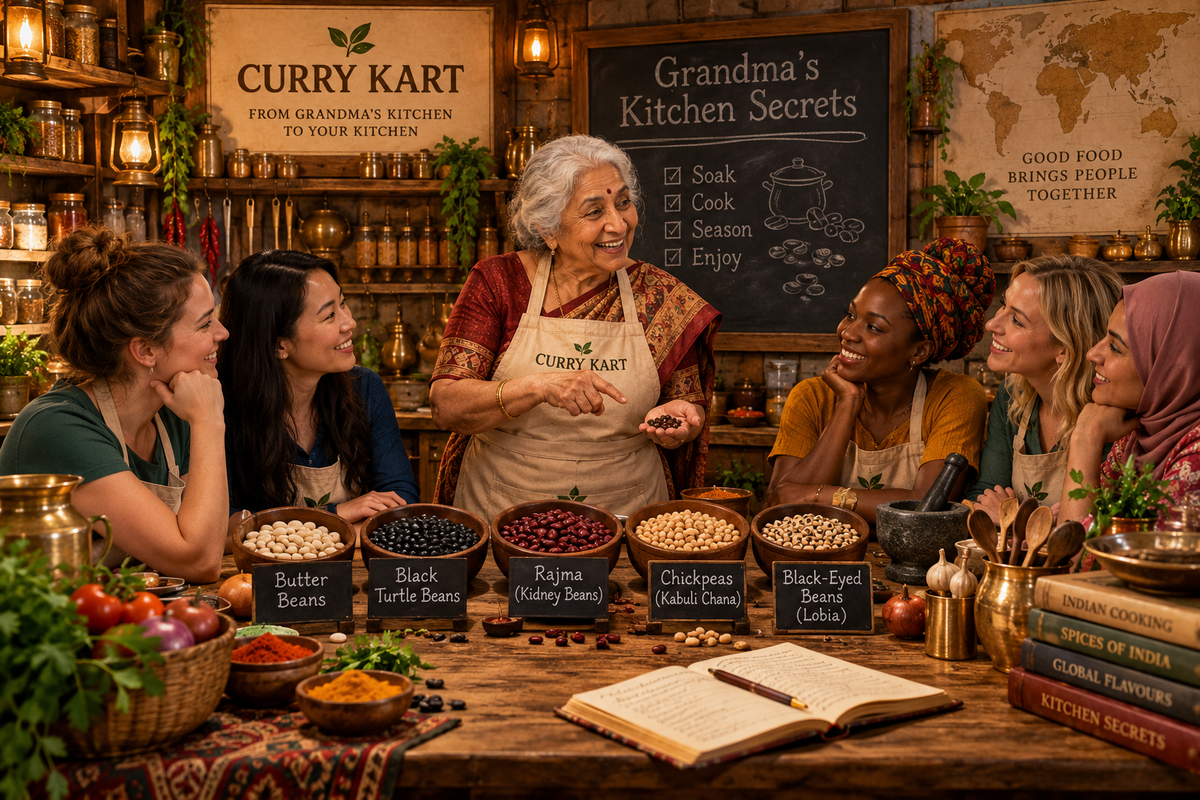Grandma showing five dried bean varieties to a group around a kitchen table: butter beans, black turtle beans, rajma, chickpeas and lobia