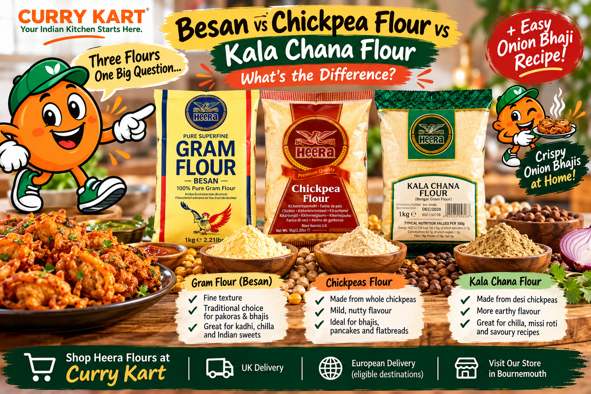 Heera gram flour (besan), chickpea flour and kala chana flour packets beside bowls of flour and onion bhajis in a Curry Kart comparison graphic.