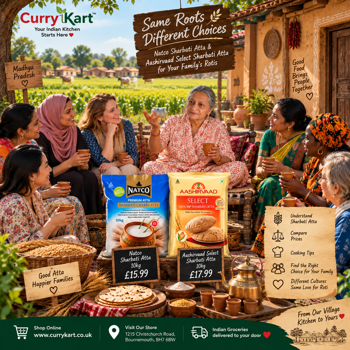 Natco Sharbati Chakki Atta 10kg and Aashirvaad Select Sharbati Atta 10kg — two Sharbati wheat flour options available at Curry Kart