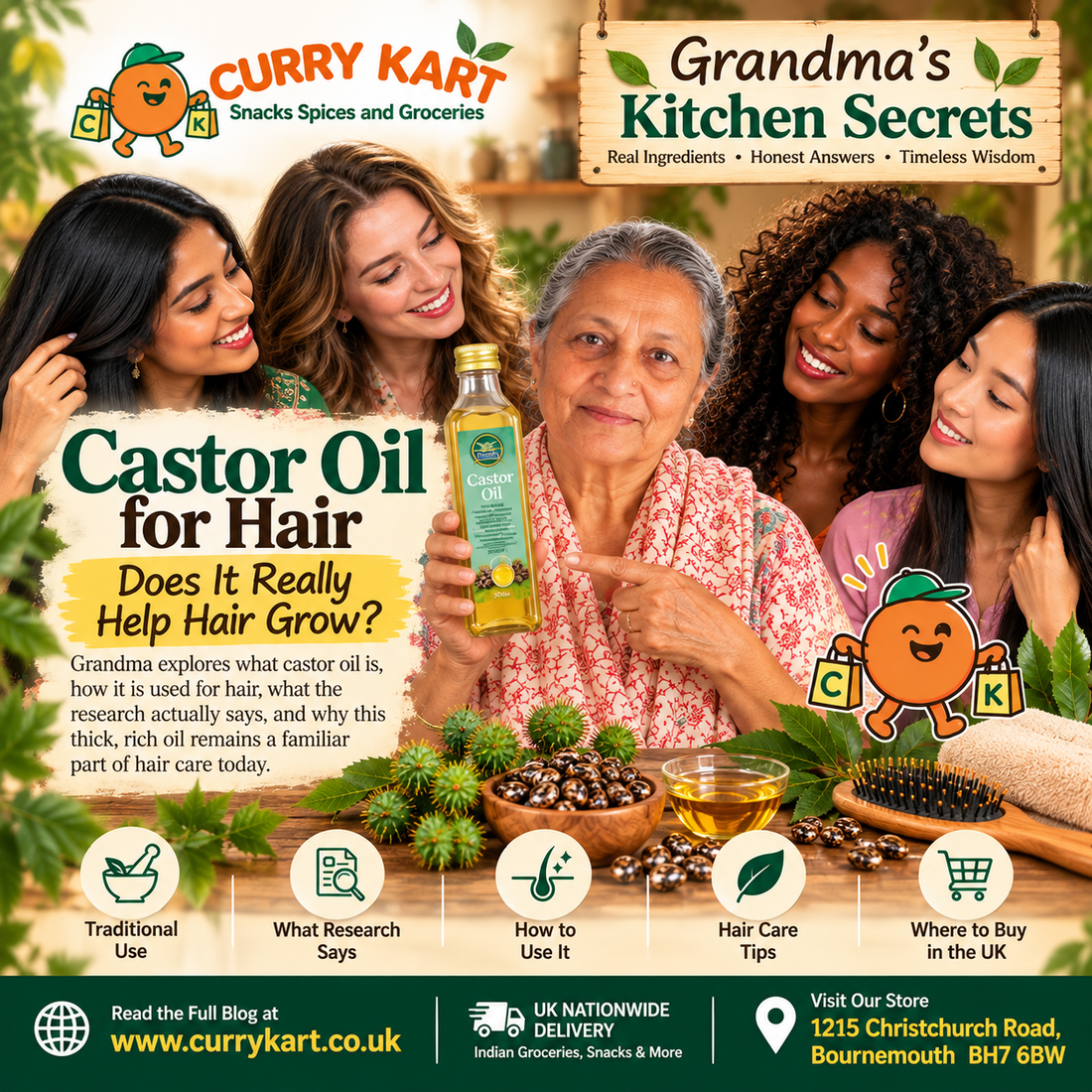 Grandma holding a bottle of castor oil with four women, beside castor seeds, oil and a hairbrush, for Curry Kart’s castor oil for hair guide.