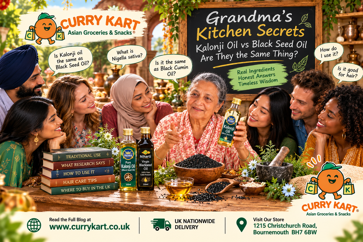 Grandma discussing kalonji and black seed oil with a group around a table of Heera and Niharti oil bottles and nigella seeds.