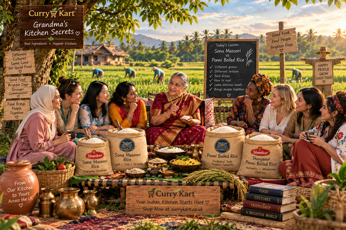 Sona Masoori and Ponni Boiled Rice side by side, the two South Indian rice varieties compared