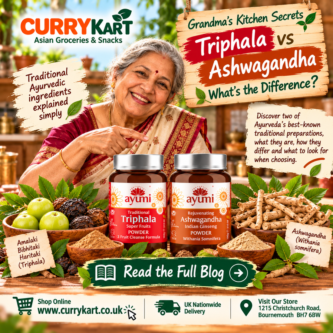 Grandma comparing Ayumi Triphala and Ashwagandha powders, with Triphala fruits and Ashwagandha roots beside the jars.