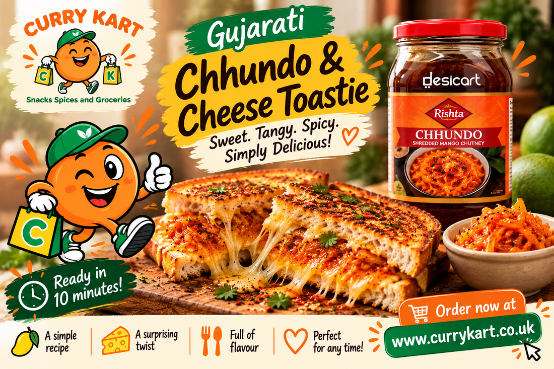 Gujarati Chhundo and Cheese Toastie with melted cheese and Rishta shredded mango chutney, featuring Curry Kart mascot, easy 10-minute recipe and www.currykart.co.uk