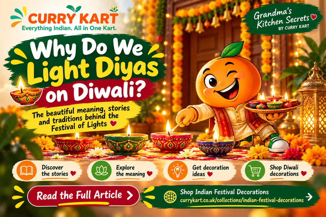 Why do we light diyas on Diwali? Curry Kart illustration of a smiling orange mascot lighting colourful lamps at a flower-decorated doorway.