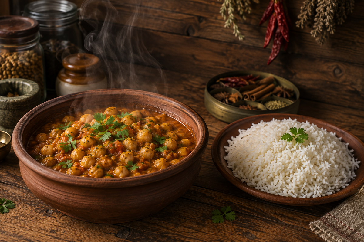 A rich and creamy Grandma's Coconut Chickpea Curry served in a bowl with aromatic Indian spices and coconut milk
