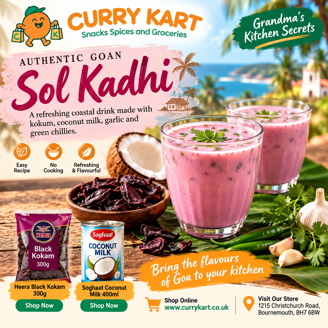 Two glasses of pink Sol Kadhi with kokum, coconut, garlic and green chillies, beside Heera Black Kokam and Soghaat Coconut Milk.