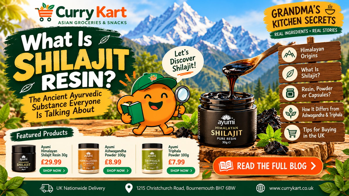 Ayumi Shilajit resin jar and spoon against Himalayan mountains, with Ashwagandha and Triphala products in a Curry Kart guide