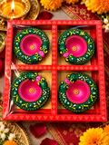 Decorative Diwali Diya Gift Set – 4 Pink & Green Ornate Diyas in a Red Gift Box 17