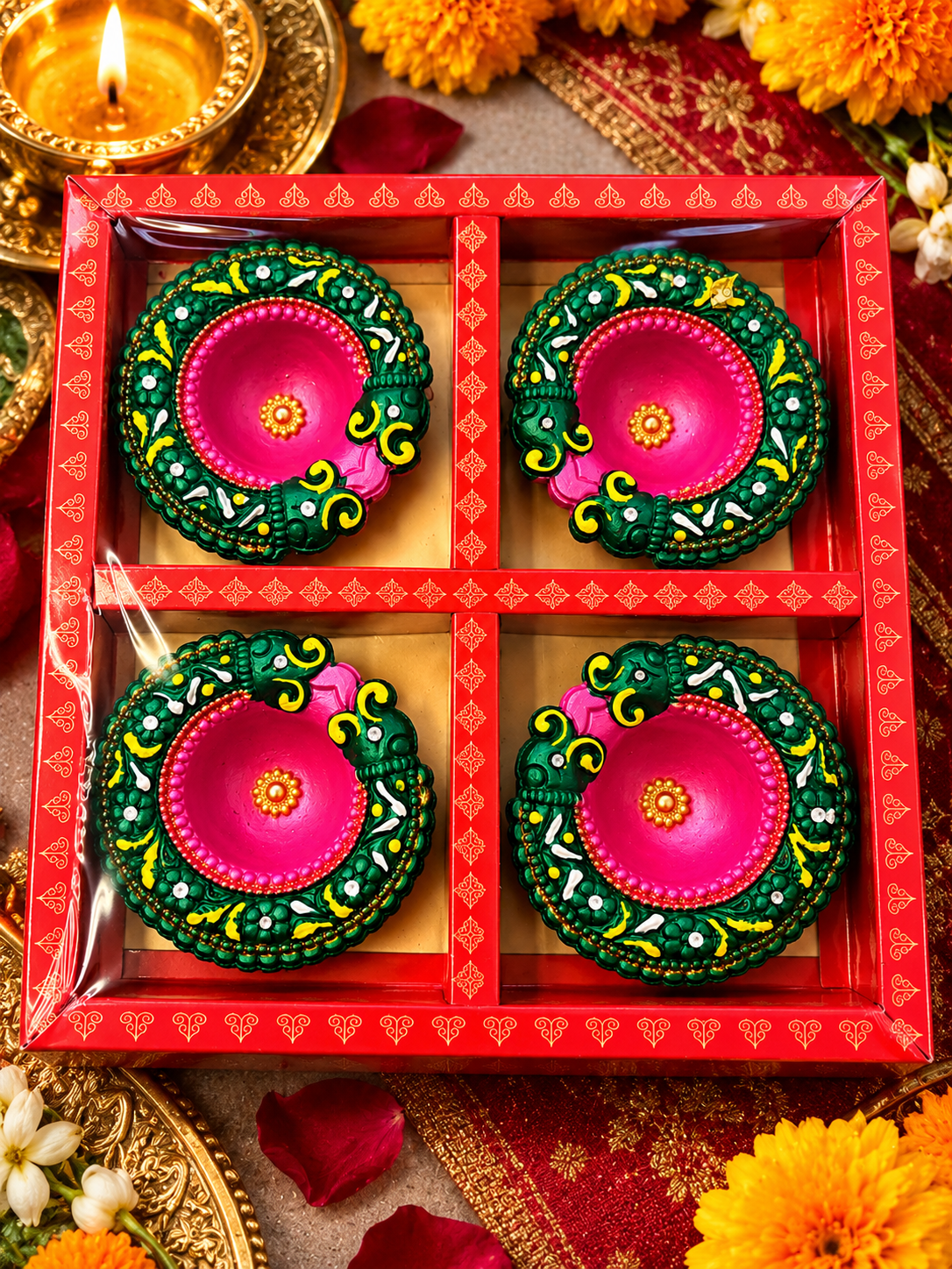 Decorative Diwali Diya Gift Set – 4 Pink & Green Ornate Diyas in a Red Gift Box 17