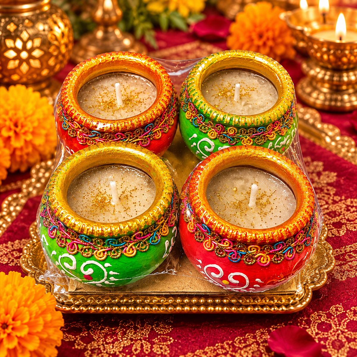 Wax-Filled Diwali Diya Gift Set – 4 Red & Green Decorative Pot Candles 15