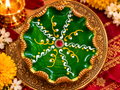 Decorative Diwali Plate – Green & Gold-Toned Scalloped Design with Jewel-Style Centre 16