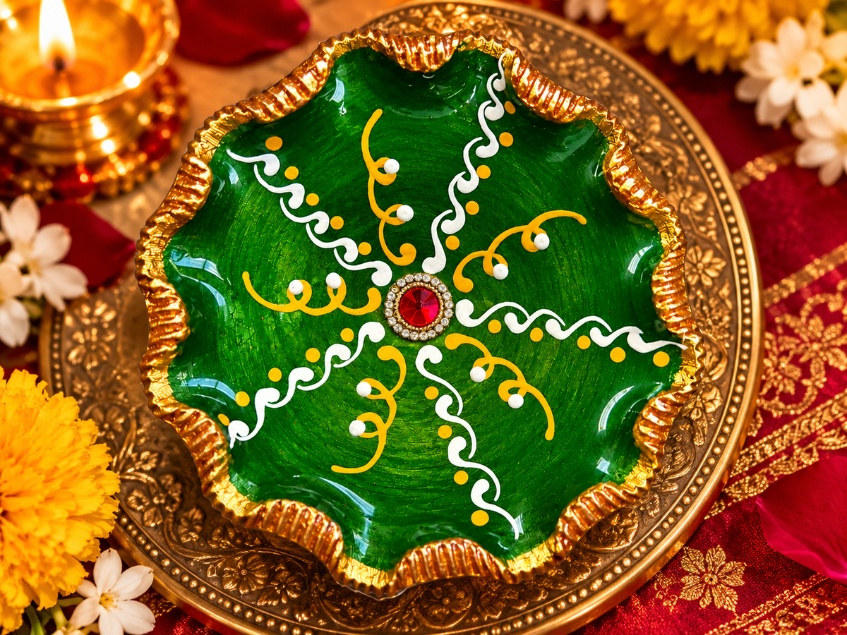 Decorative Diwali Plate – Green & Gold-Toned Scalloped Design with Jewel-Style Centre 16