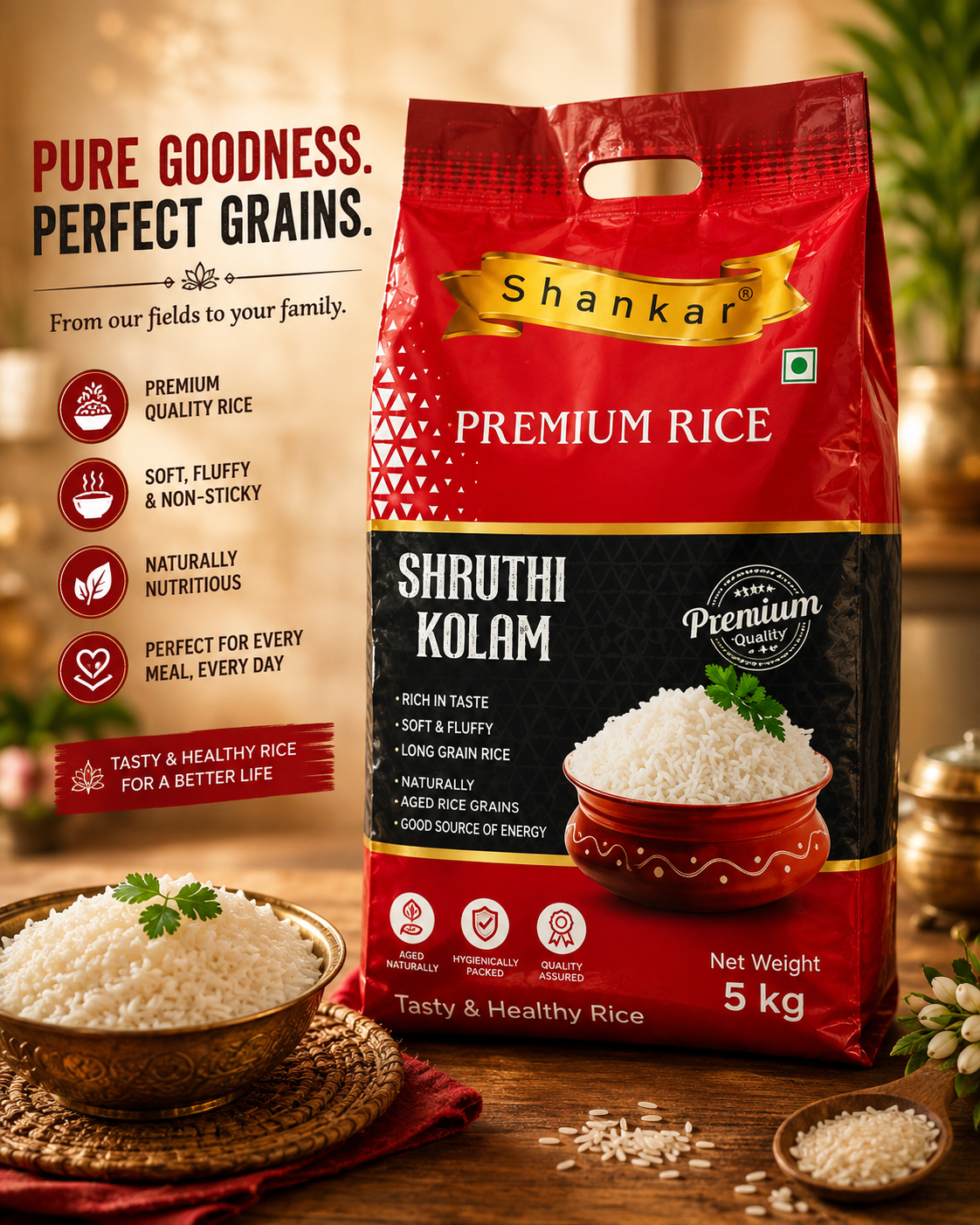Shankar Shruthi Kolam Rice | Soft & Fluffy Everyday Indian Rice | 5kg & 10kg