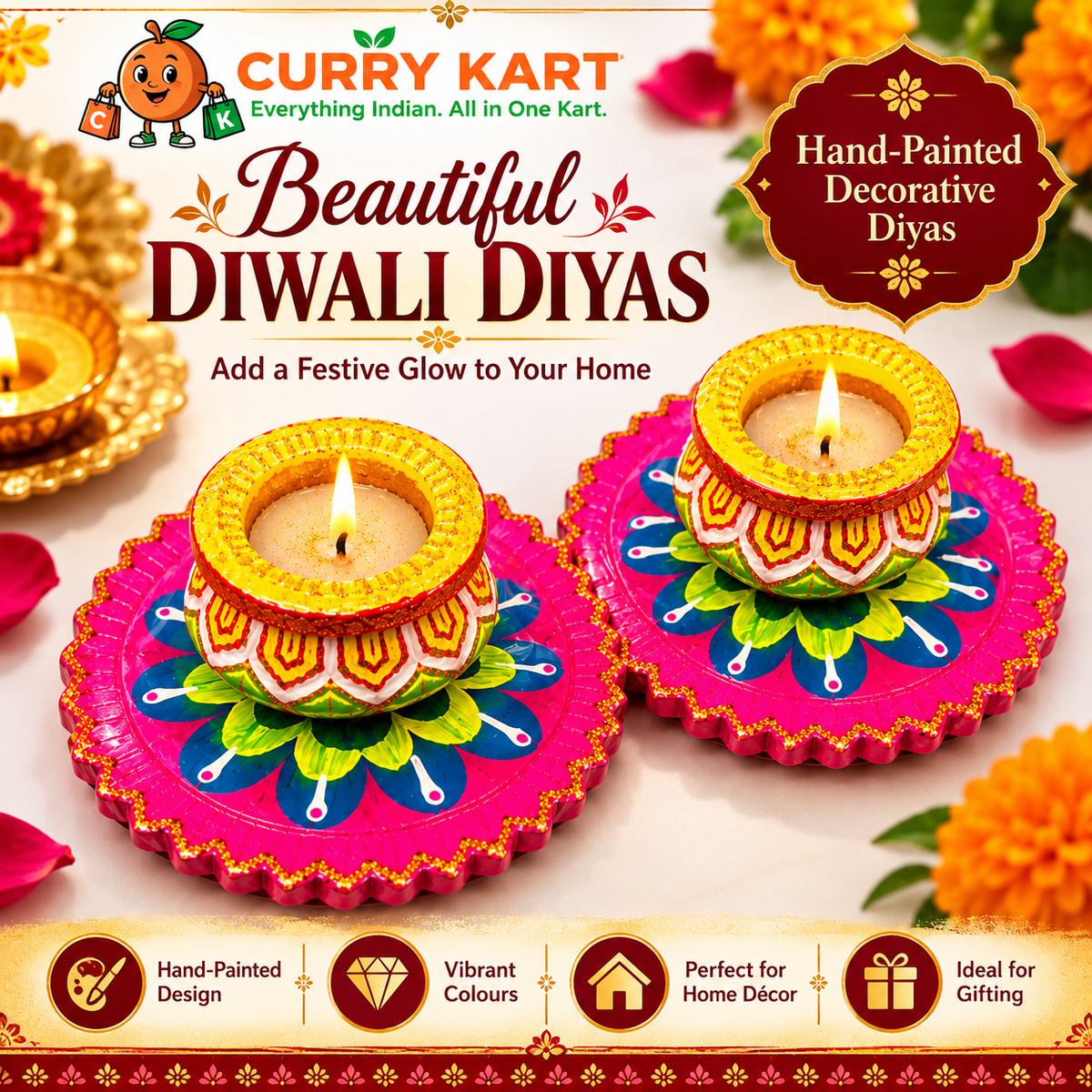 Wax-Filled Diwali Diya Gift Set – 2 Decorative Pot Candles with Pink Floral Bases 18