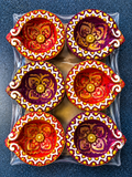 Decorative Diwali Diya Gift Set – 6 Red & Purple Floral Diyas with Gold-Toned Details