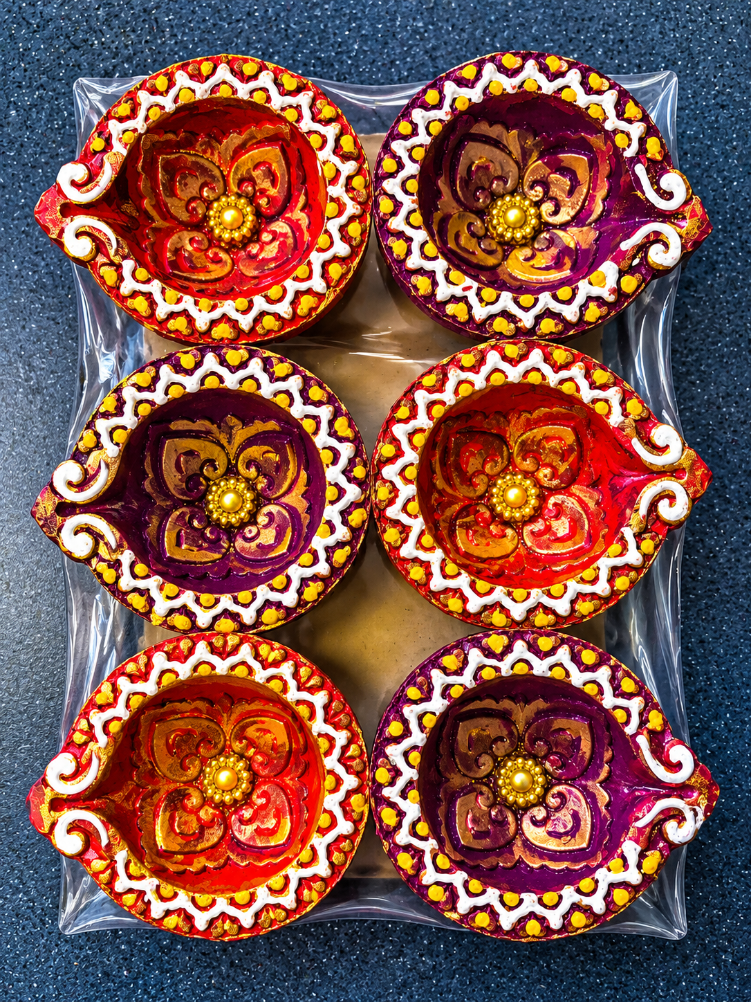 Decorative Diwali Diya Gift Set – 6 Red & Purple Floral Diyas with Gold-Toned Details