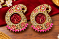 Royal Pink Kundan Peacock Diya Holders with Rose Candles – Set of 2 | Diwali & Pooja Décor
