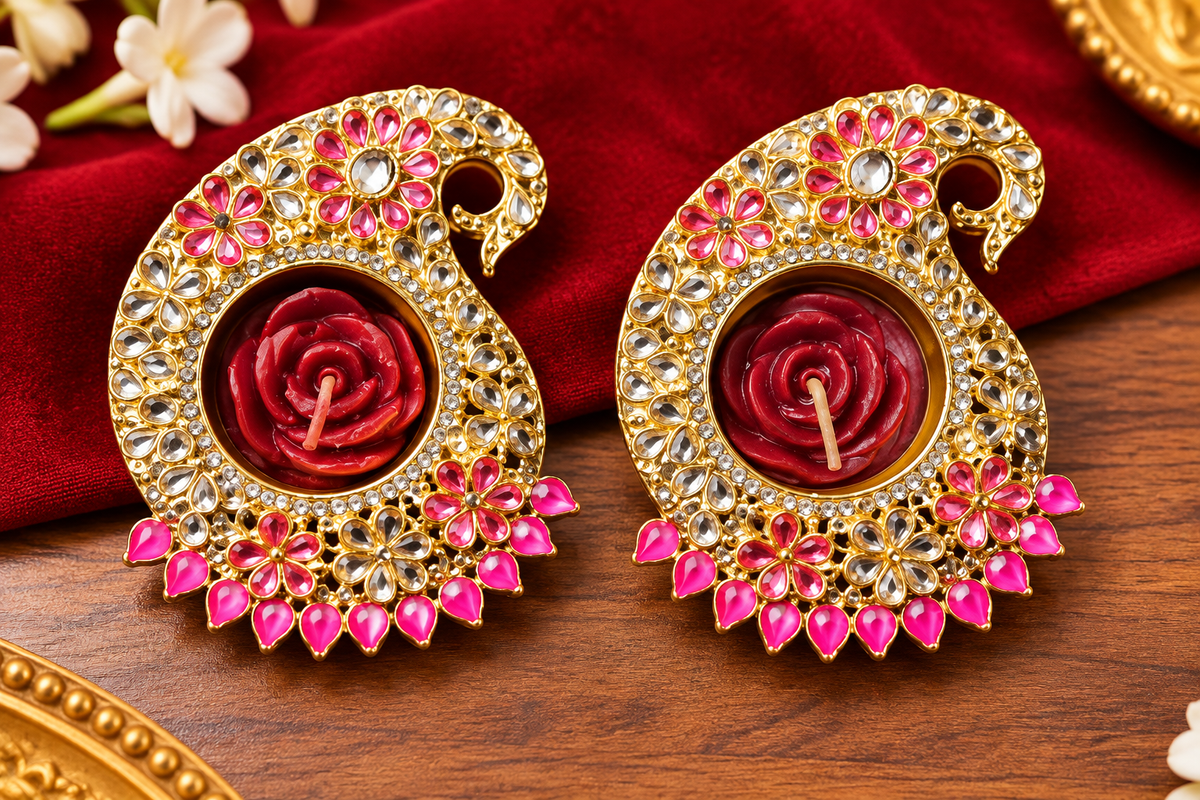 Royal Pink Kundan Peacock Diya Holders with Rose Candles – Set of 2 | Diwali & Pooja Décor