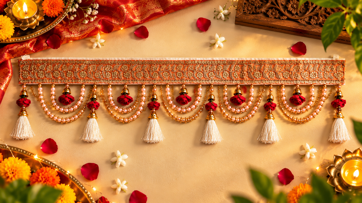 Traditional Indian Pearl & Rose Toran with Tassels | Festive Door Hanging Decoration