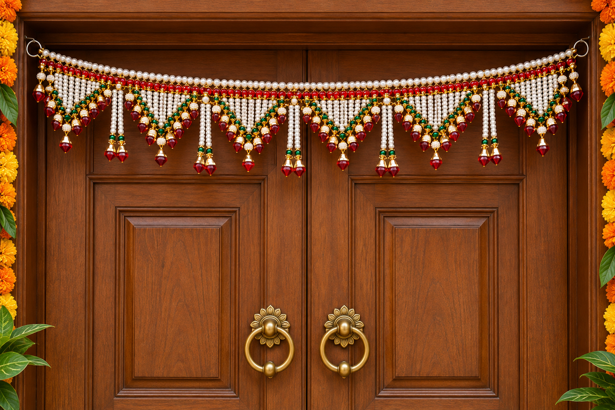 Traditional Indian Pearl Bead Toran with Red & Green Drops | Diwali Door Hanging