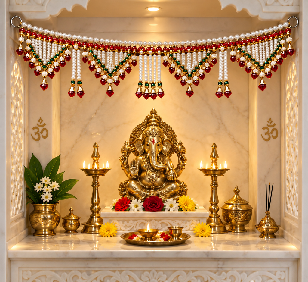 Traditional Indian Pearl Bead Toran with Red & Green Drops | Diwali Door Hanging