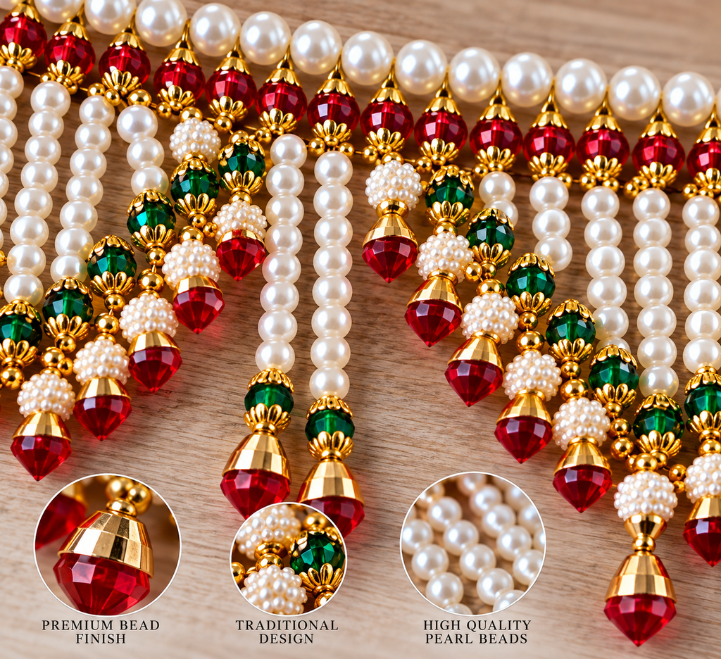 Traditional Indian Pearl Bead Toran with Red & Green Drops | Diwali Door Hanging