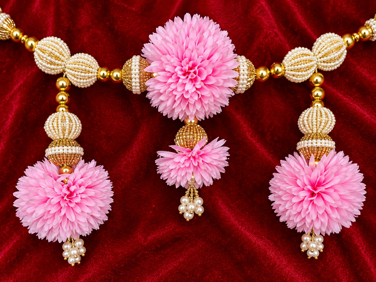 Pink Floral Pearl Toran with Gold Beads | Indian Festive Door Hanging