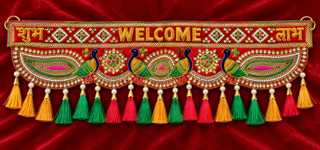 Shubh Labh Peacock Toran with Mirror Work | Traditional Indian Door Hanging