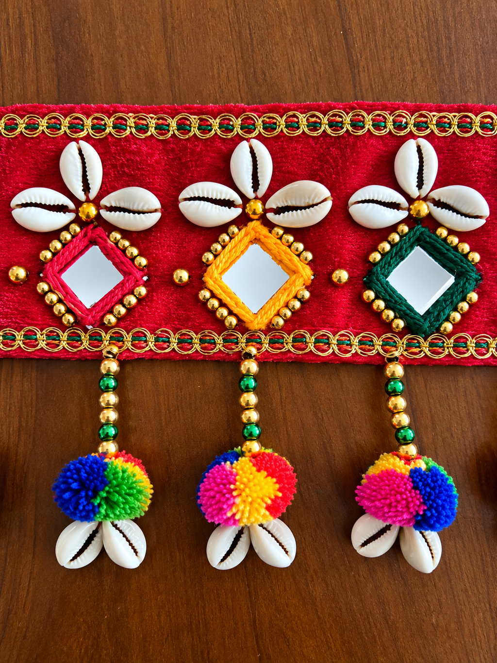 Traditional Indian Toran with Cowrie Shells, Mirrors & Pom Poms | Diwali Door Hanging