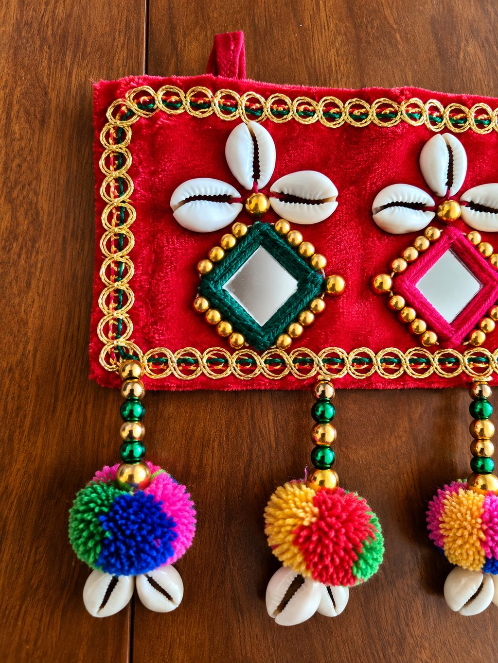 Traditional Indian Toran with Cowrie Shells, Mirrors & Pom Poms | Diwali Door Hanging