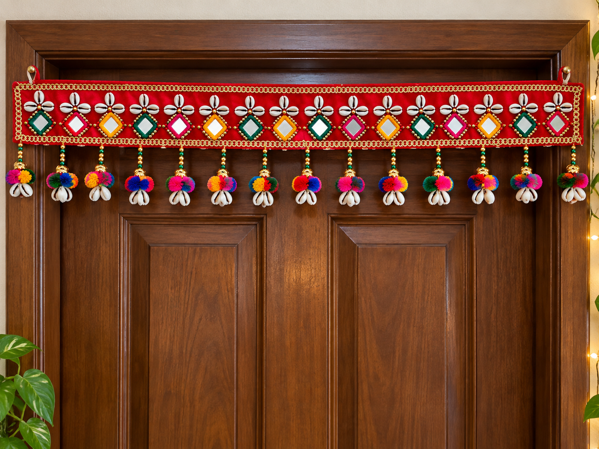 Traditional Indian Toran with Cowrie Shells, Mirrors & Pom Poms | Diwali Door Hanging