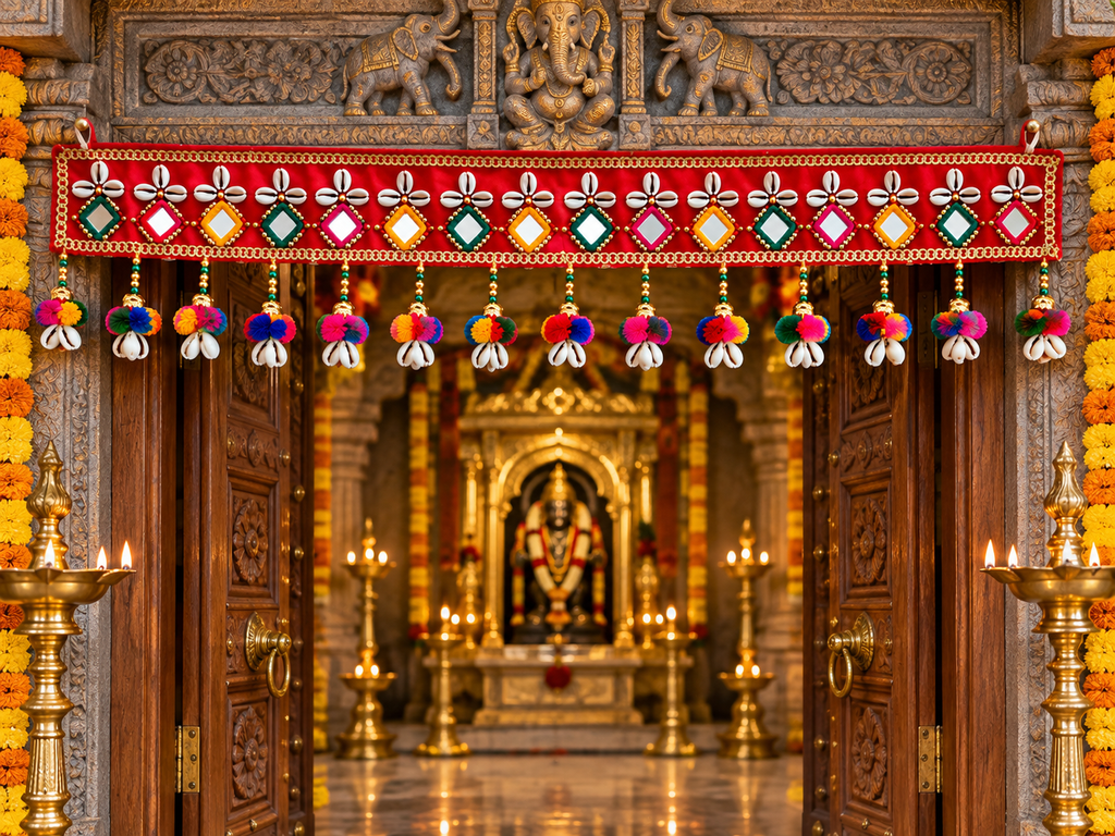 Traditional Indian Toran with Cowrie Shells, Mirrors & Pom Poms | Diwali Door Hanging