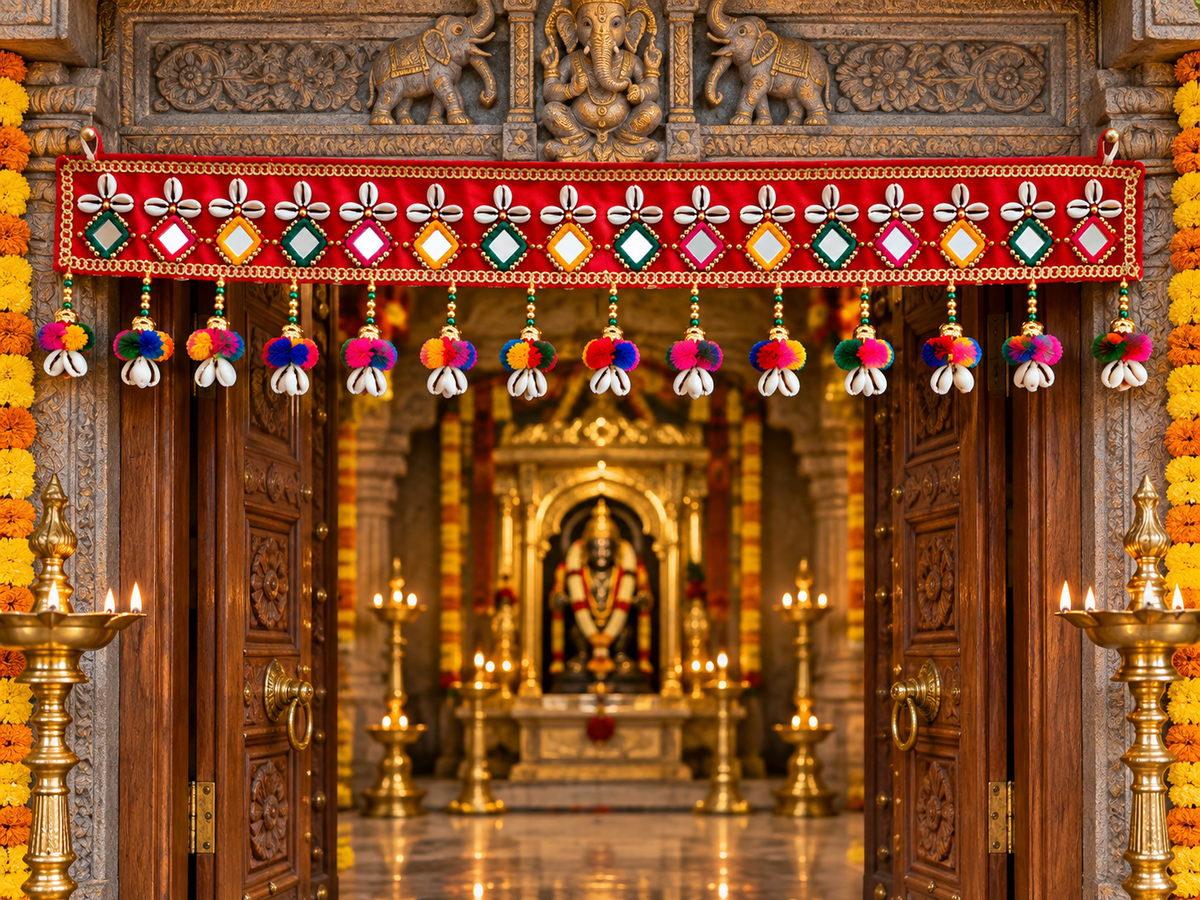 Traditional Indian Toran with Cowrie Shells, Mirrors & Pom Poms | Diwali Door Hanging