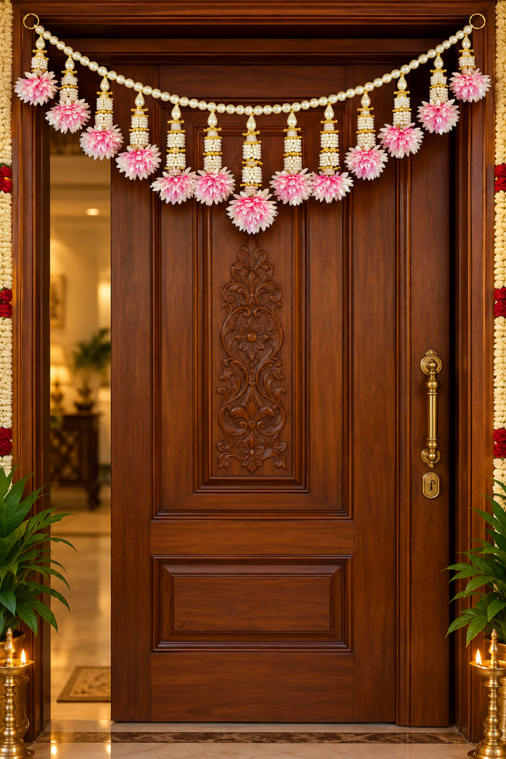 Indian Pink Floral Toran with Pearl Beads | Diwali Door Hanging