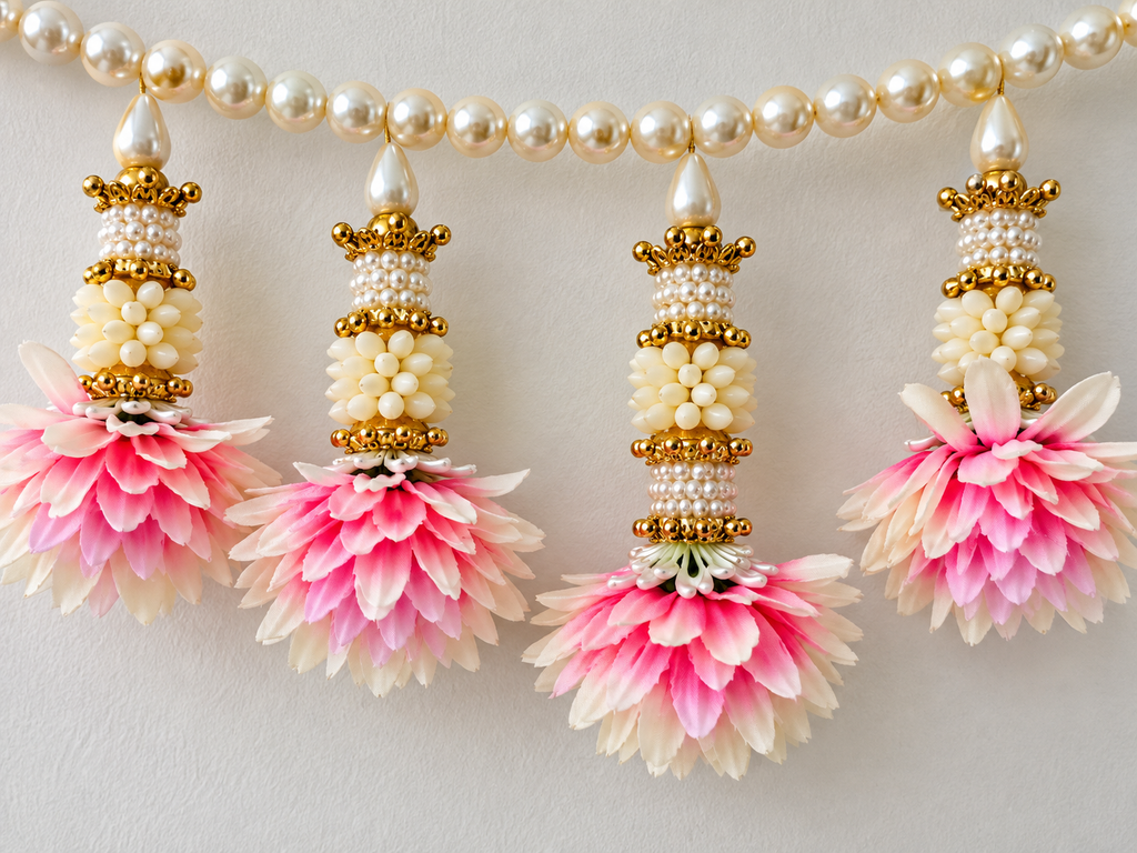 Indian Pink Floral Toran with Pearl Beads | Diwali Door Hanging