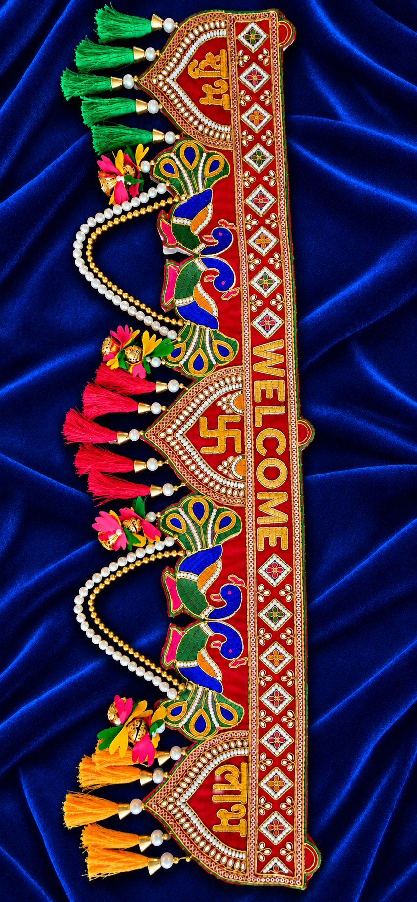 Indian Peacock Welcome Toran Door Hanging | 37 Inches | Swastik, Pearls & Bells