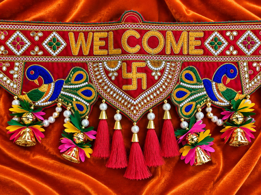 Indian Peacock Welcome Toran Door Hanging | 37 Inches | Swastik, Pearls & Bells