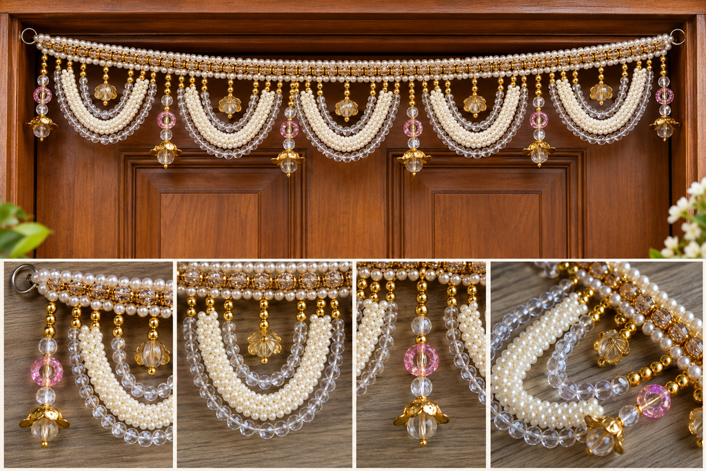 Traditional Indian Pearl & Lotus Toran | Diwali Door Hanging & Pooja Decoration