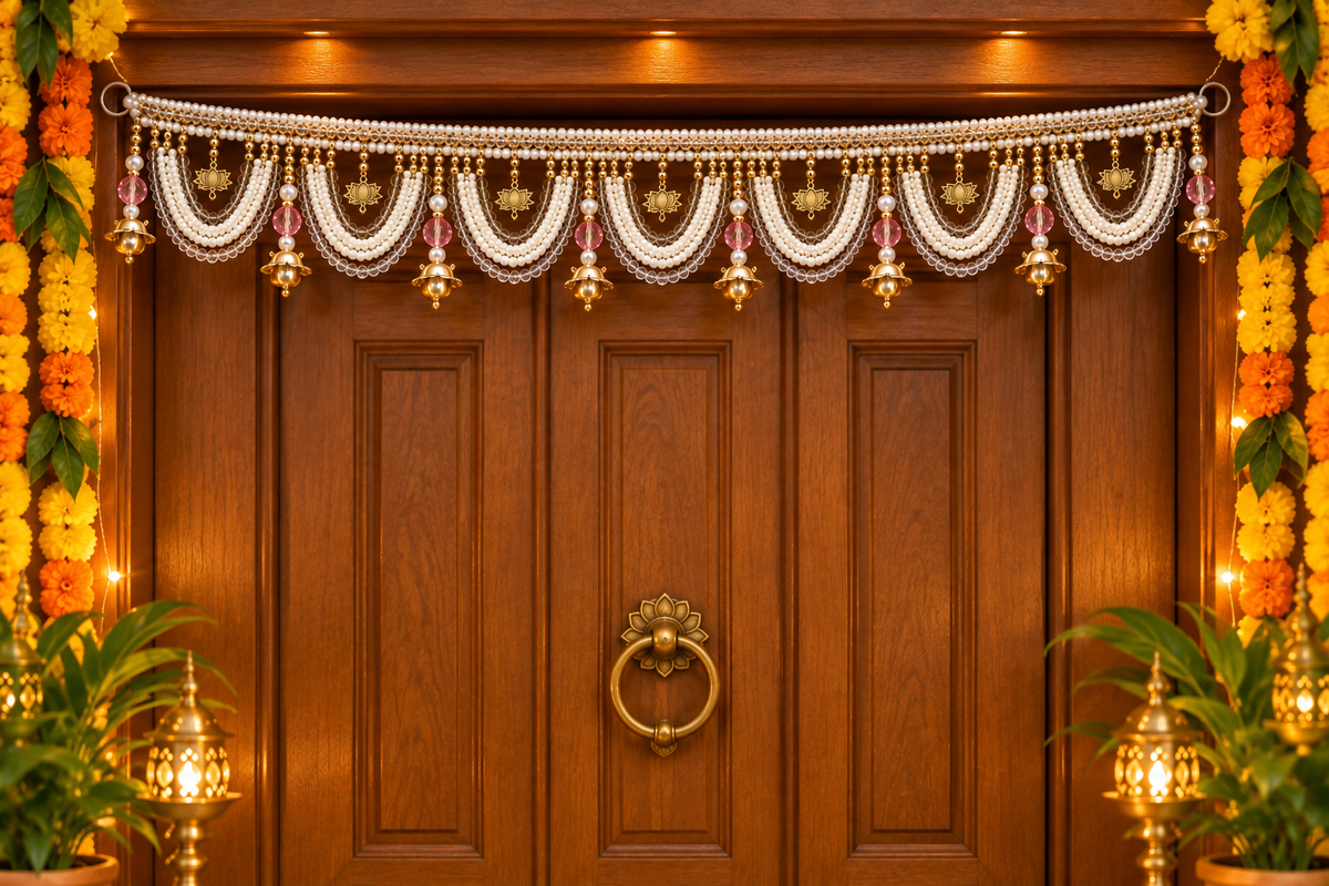 Traditional Indian Pearl & Lotus Toran | Diwali Door Hanging & Pooja Decoration