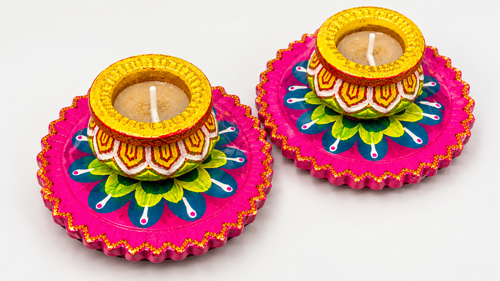Wax-Filled Diwali Diya Gift Set – 2 Decorative Pot Candles with Pink Floral Bases 18