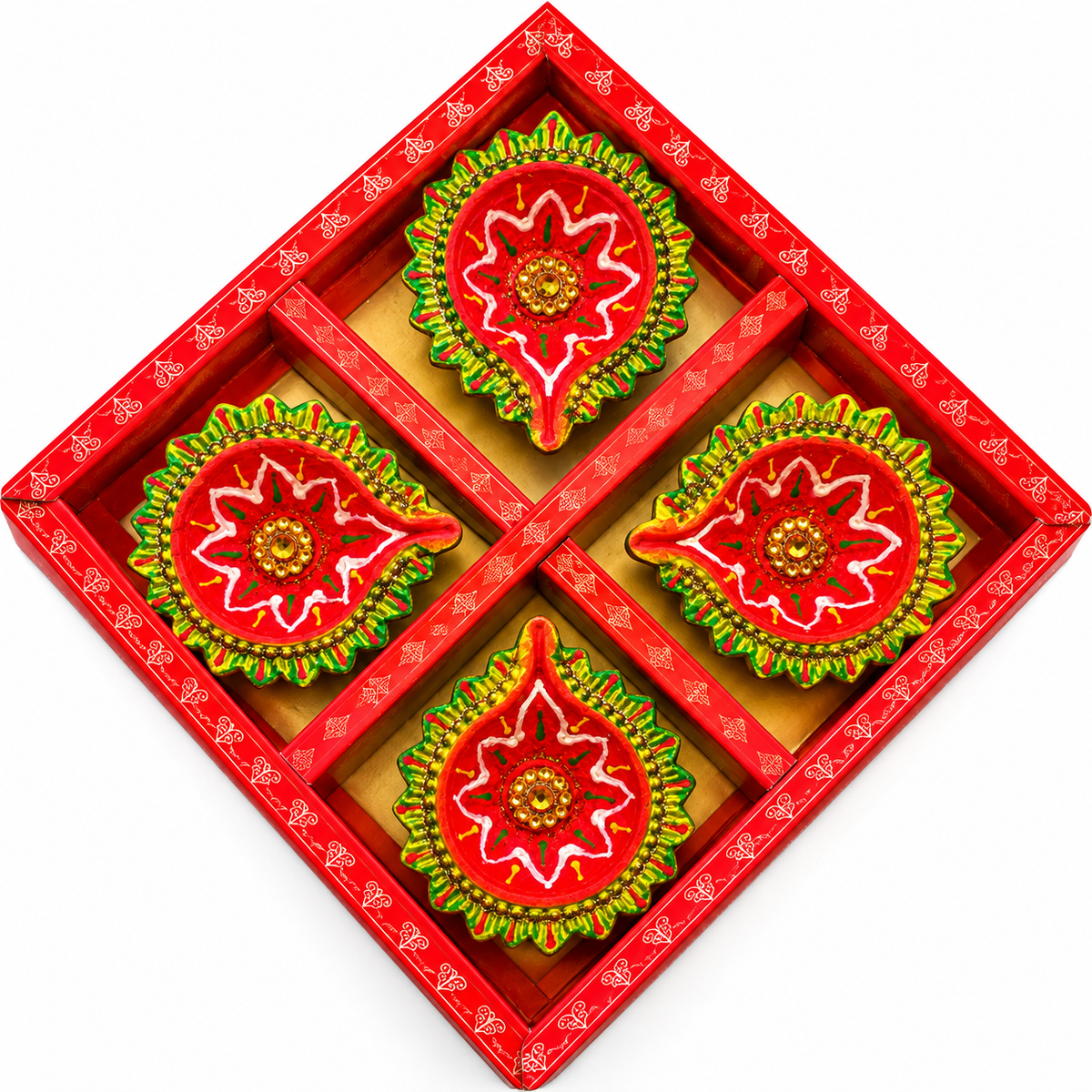 Decorative Diwali Diya Gift Set – 4 Red & Gold Diyas in a Diamond-Shaped Box 2
