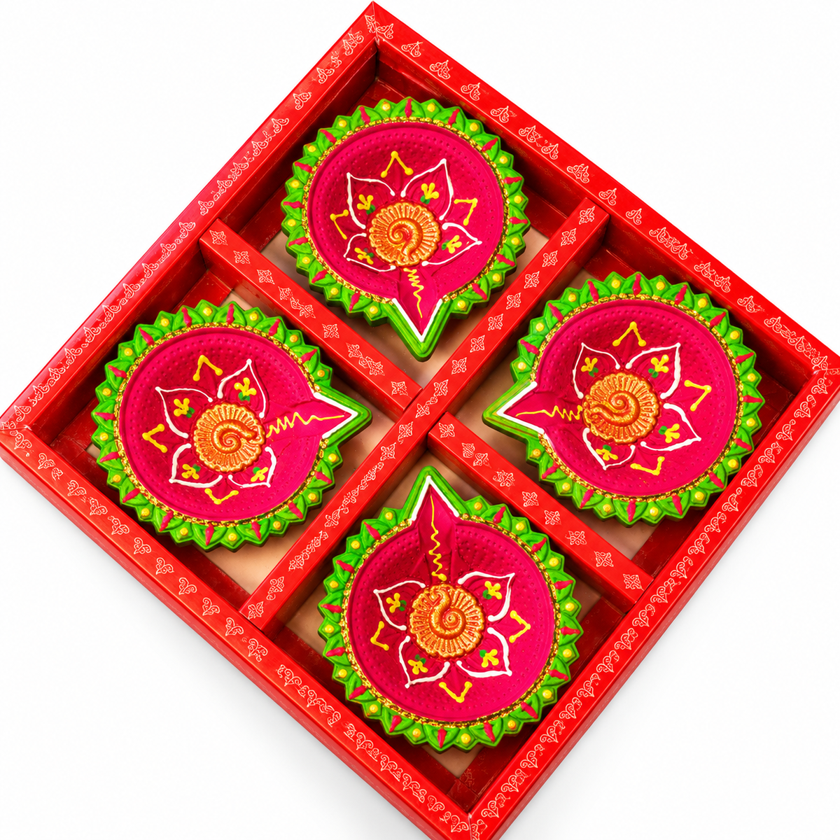 Decorative Diwali Diya Gift Set – 4 Pink & Green Floral Diyas in a Gift Box 3
