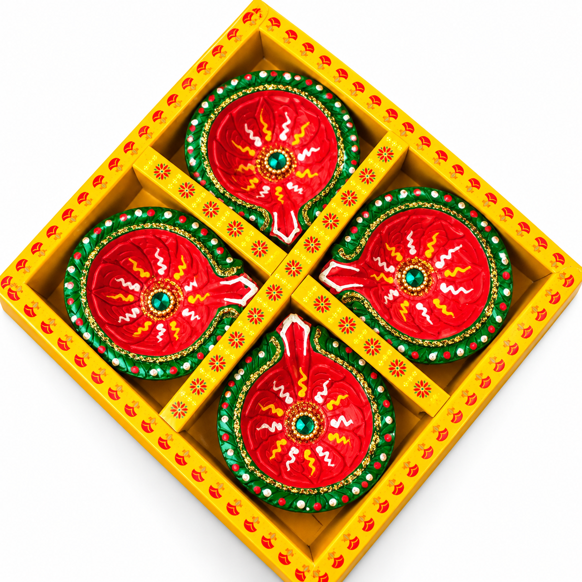 Decorative Diwali Diya Gift Set – 4 Red & Green Diyas in a Yellow Gift Box 4