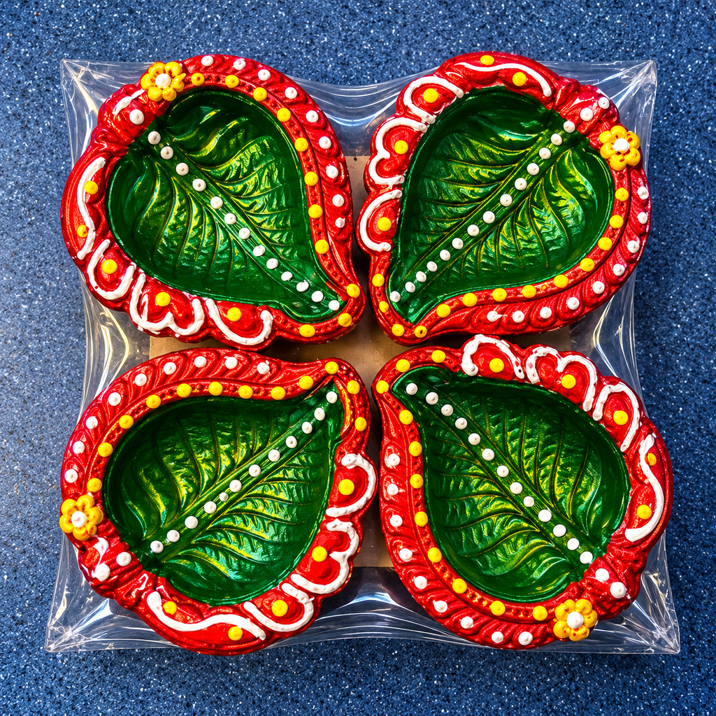 Decorative Diwali Diya Gift Set – 4 Green Leaf Diyas with Red Borders 8