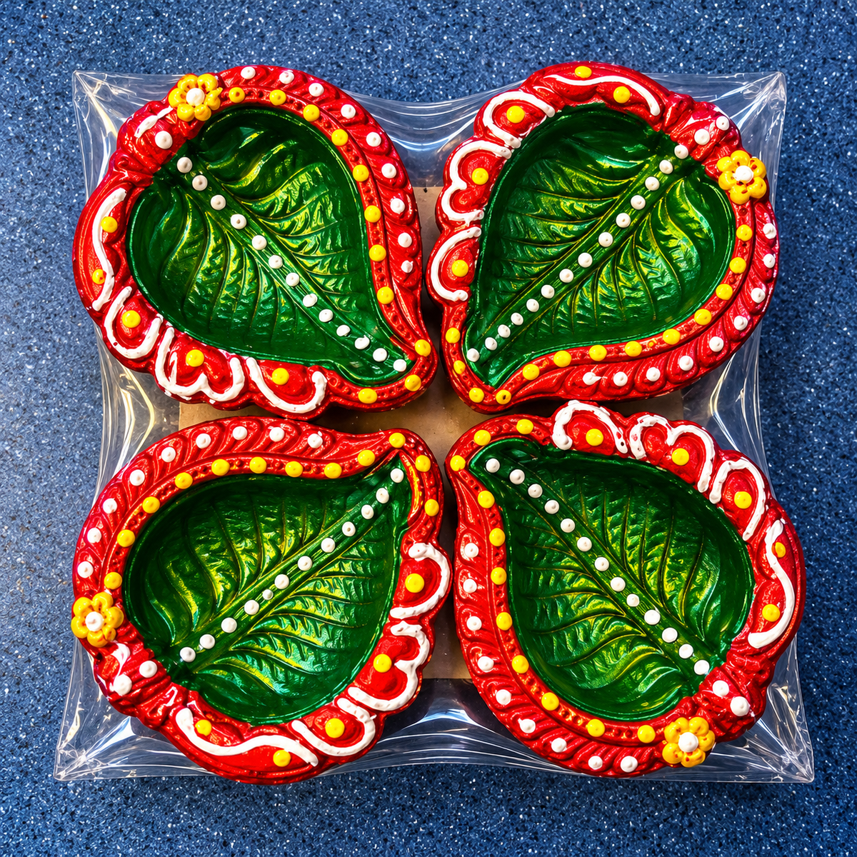 Decorative Diwali Diya Gift Set – 4 Green Leaf Diyas with Red Borders 8