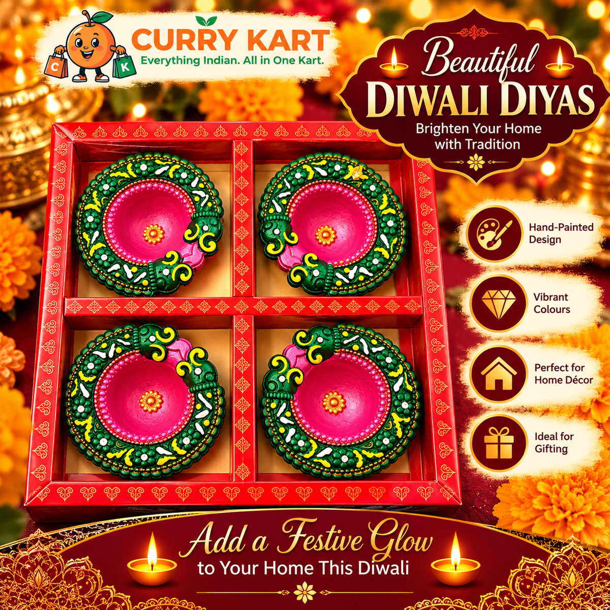Decorative Diwali Diya Gift Set – 4 Pink & Green Ornate Diyas in a Red Gift Box 17
