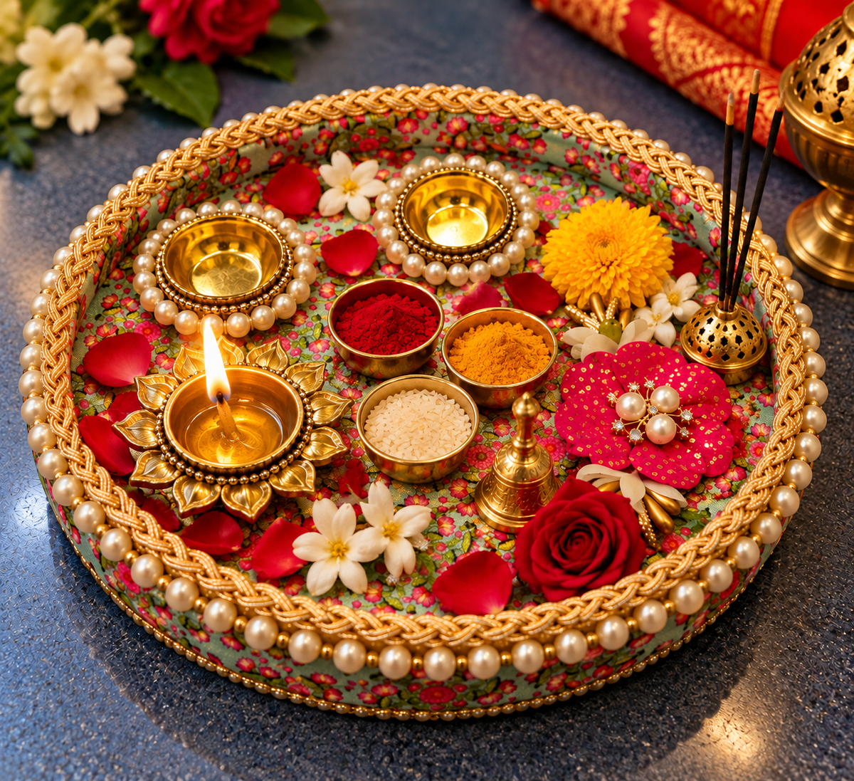 Mint-Green Floral Steel Pooja Thali with 2 Bowls