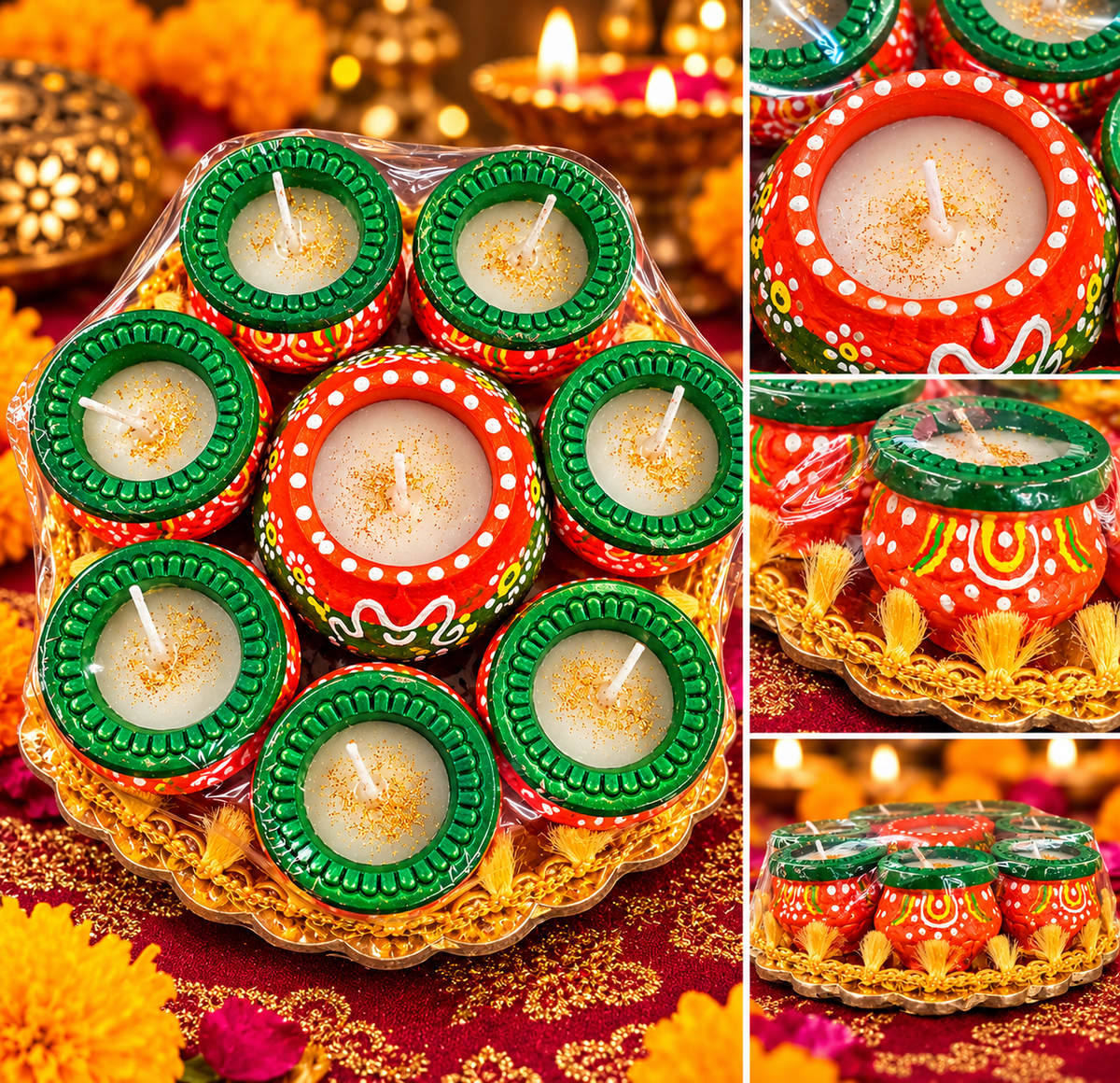 Wax-Filled Diwali Diya Gift Set – 8 Decorative Pot Candles on a Festive Tray 14