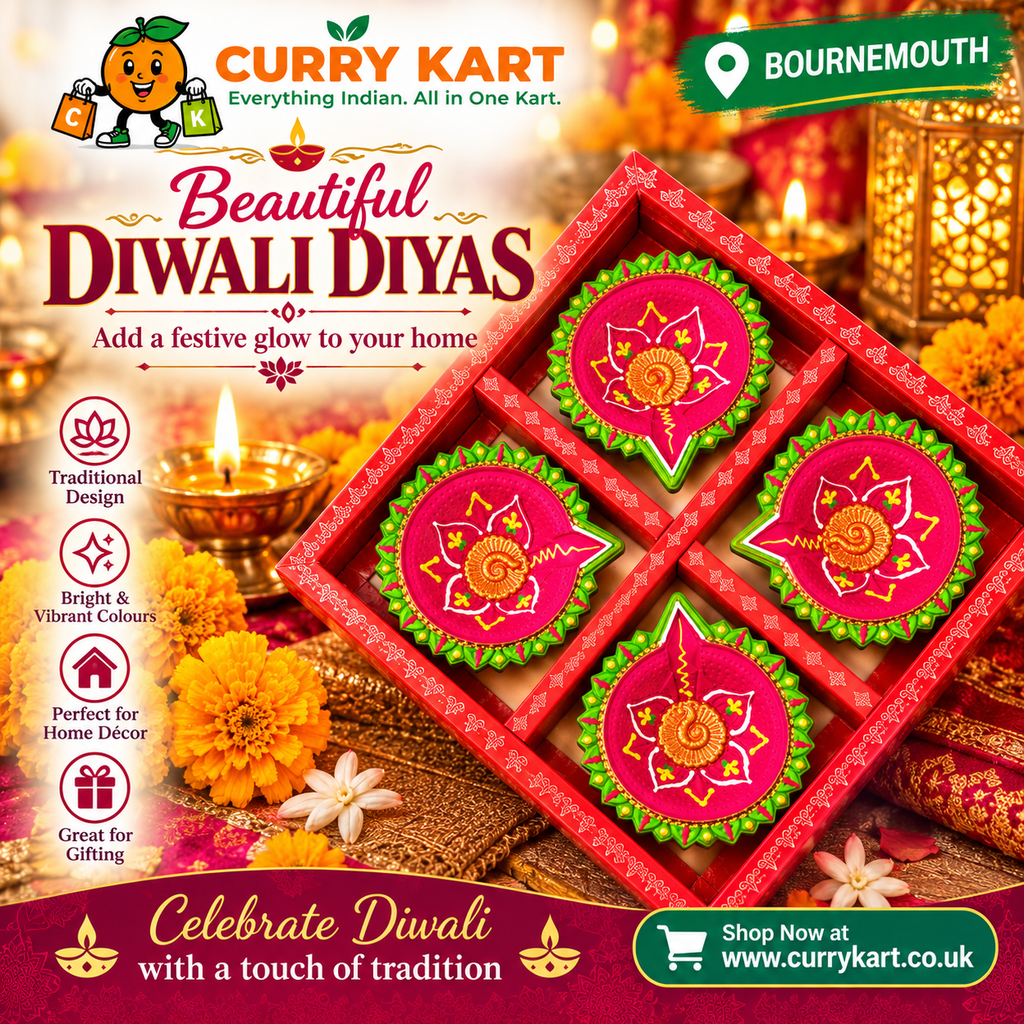 Decorative Diwali Diya Gift Set – 4 Pink & Green Floral Diyas in a Gift Box 3